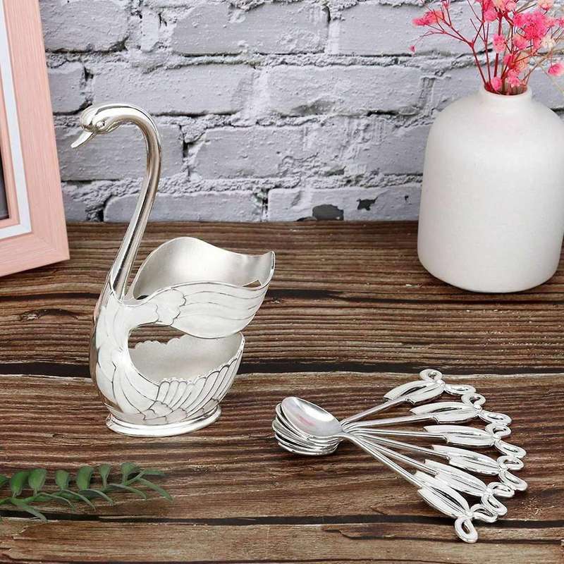Metal Flatware Swan Base Holder with 6pcs Dessert Spoon Silver