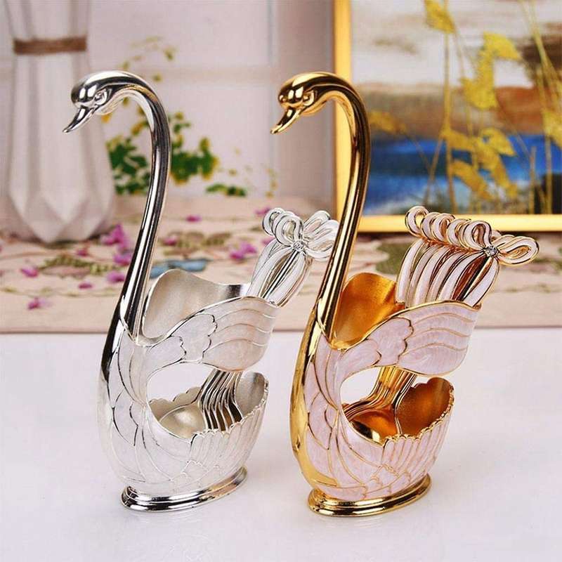 Metal Flatware Swan Base Holder with 6pcs Dessert Spoon Silver