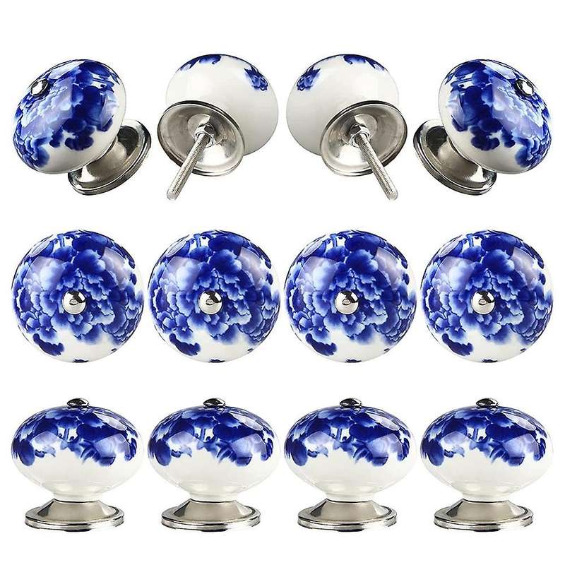 12pcs Handmade Ceramic Door Knobs for Cupboards Cabinet Blue On White
