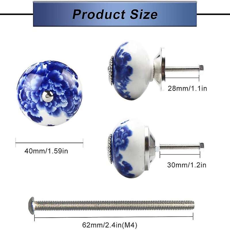 12pcs Handmade Ceramic Door Knobs for Cupboards Cabinet Blue On White