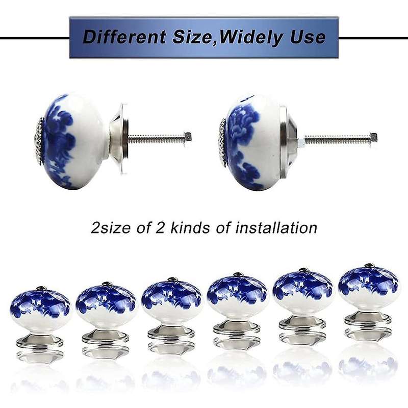 12pcs Handmade Ceramic Door Knobs for Cupboards Cabinet Blue On White