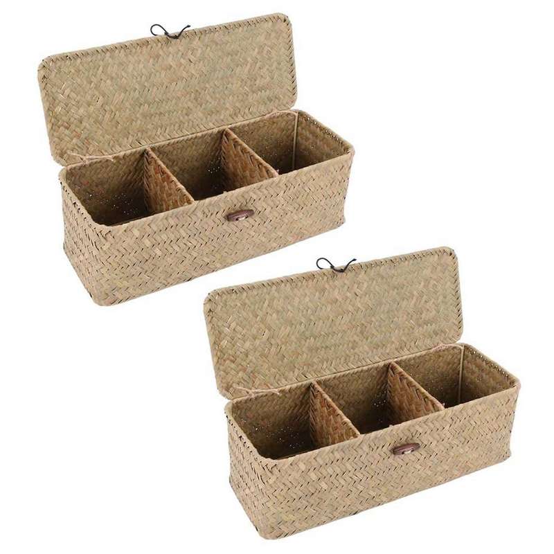 2x Toilet Paper Basket- 3 Plaid Rattan Basket- Cosmetic Basket