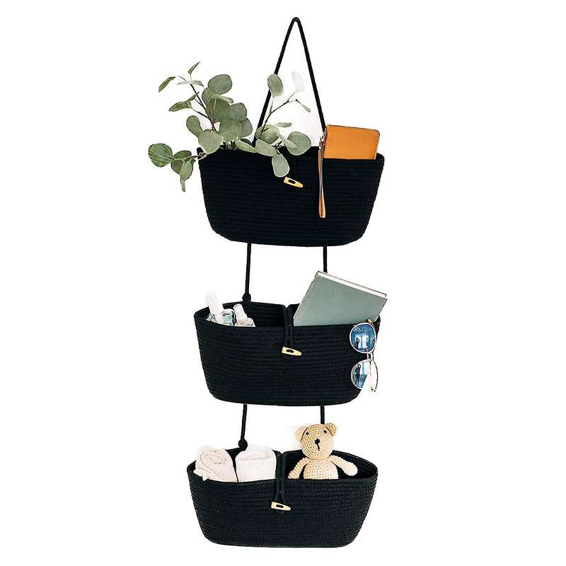 Rope Over The Door Basket 3-tier Wall Hanging Basket-black
