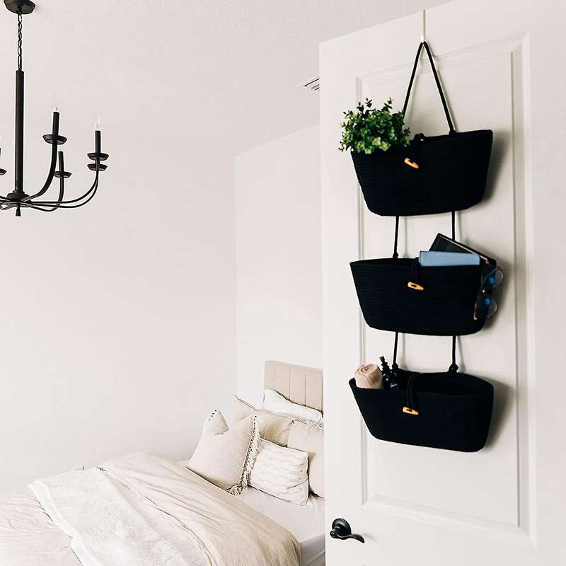 Rope Over The Door Basket 3-tier Wall Hanging Basket-black
