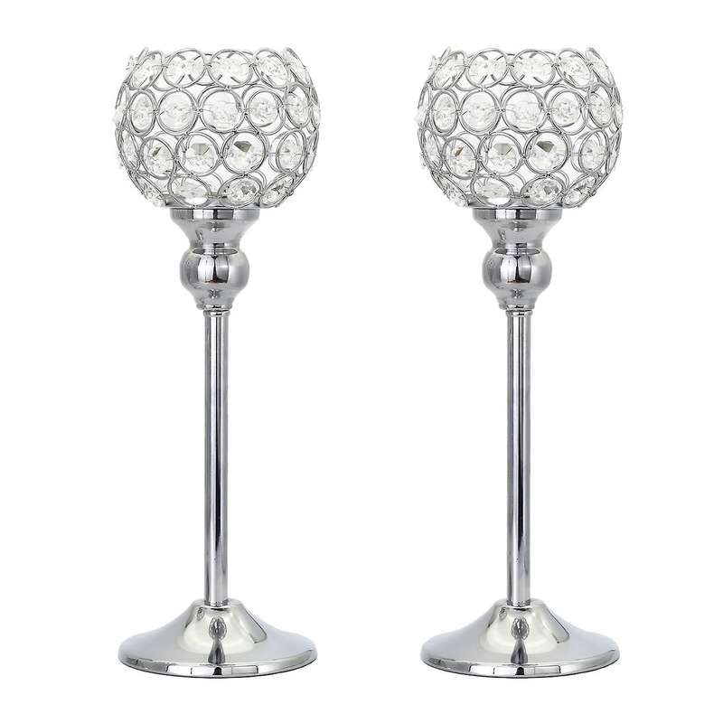 Silver Crystal Candle Holders Set Of 2 Candlesticks Holder, 31cm