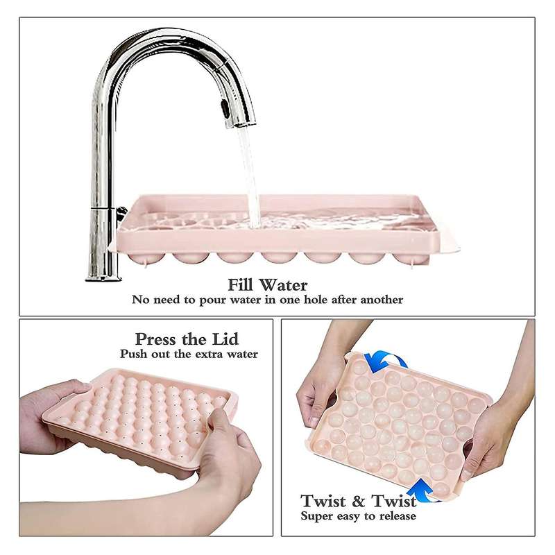 Ice Cube Tray, for Circle Ice Cube Trays(3 Ice Trays with Bin, Pink)