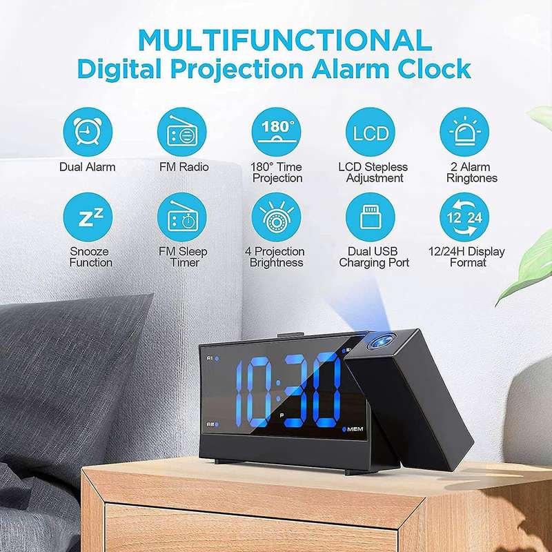 Projection Alarm Clock for Bedroom, Digital Alarm Clock Radio