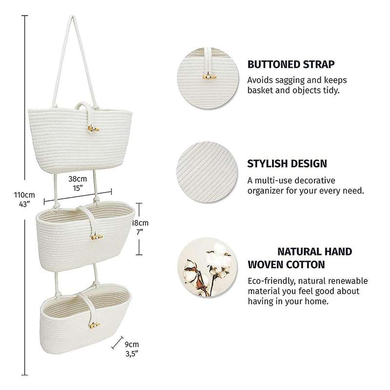 Rope Over The Door Basket 3-tier Wall Hanging Basket- White