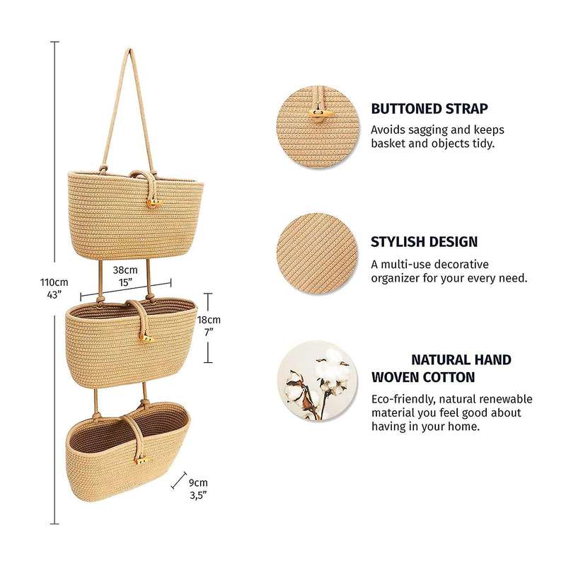 Rope Over The Door Basket 3-tier Wall Hanging Basket- Camel