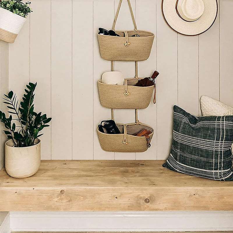 Rope Over The Door Basket 3-tier Wall Hanging Basket- Camel