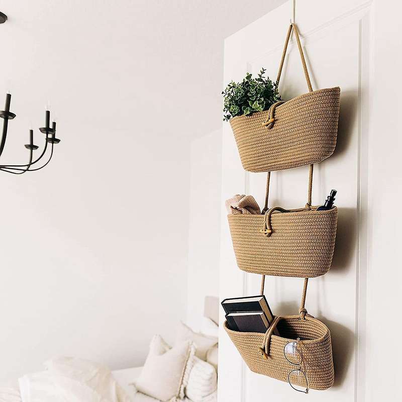 Rope Over The Door Basket 3-tier Wall Hanging Basket- Camel