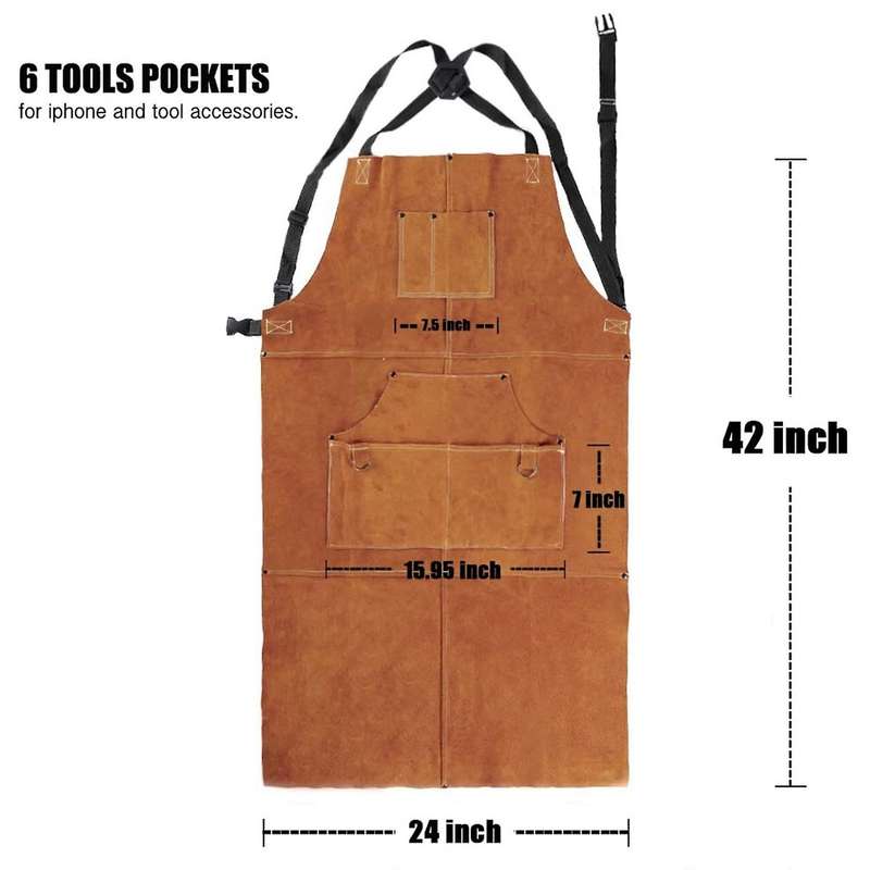 Leather Welding Apron - Heavy Duty Apron with 6 Pockets, 42inch Large