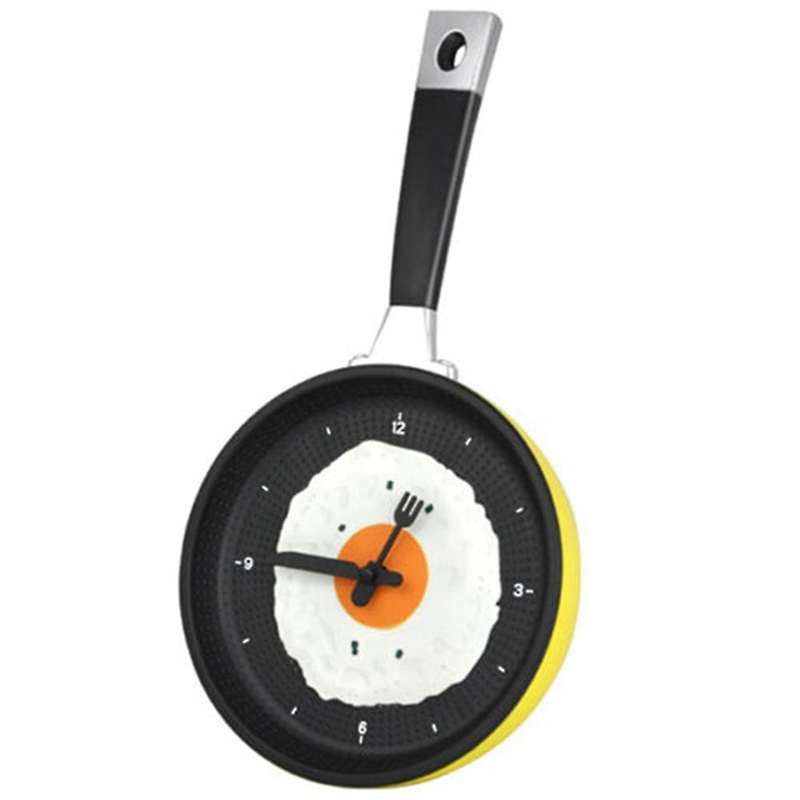 2x Frying Pan Clock with Fried Egg - Kitchen Cafe Wall Clock - Yellow