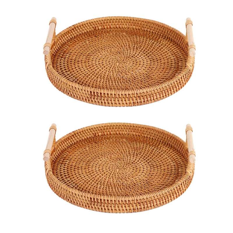 Rattan Storage Tray,round Basket with Handle,food Breakfast Display L