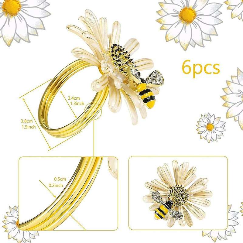 Set Of 12 Daisy Sunflower Napkin Rings, Gold Bee Napkin Ring Holders
