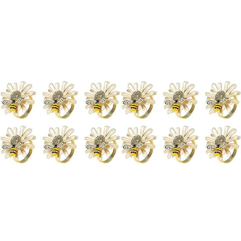 Set Of 12 Daisy Sunflower Napkin Rings, Gold Bee Napkin Ring Holders