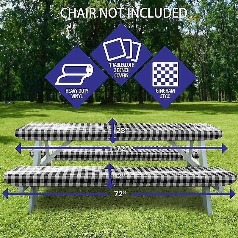 Vinyl Picnic Table &bench Fitted Tablecloth Cover, 3-piece Set, Black
