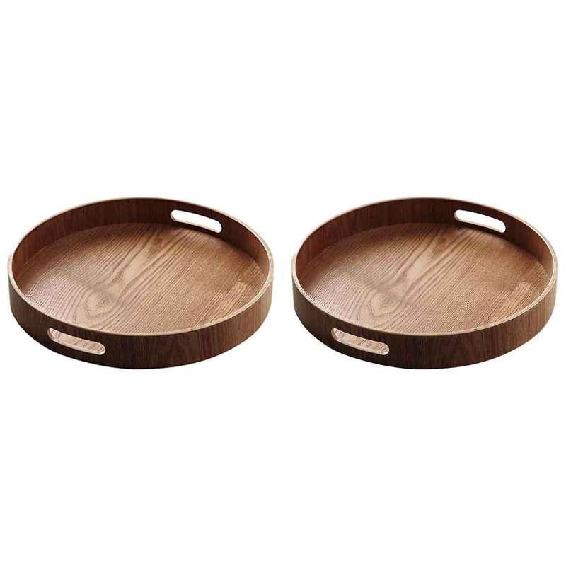 Round Serving Bamboo Wooden Tray Handle Storage Tray 2