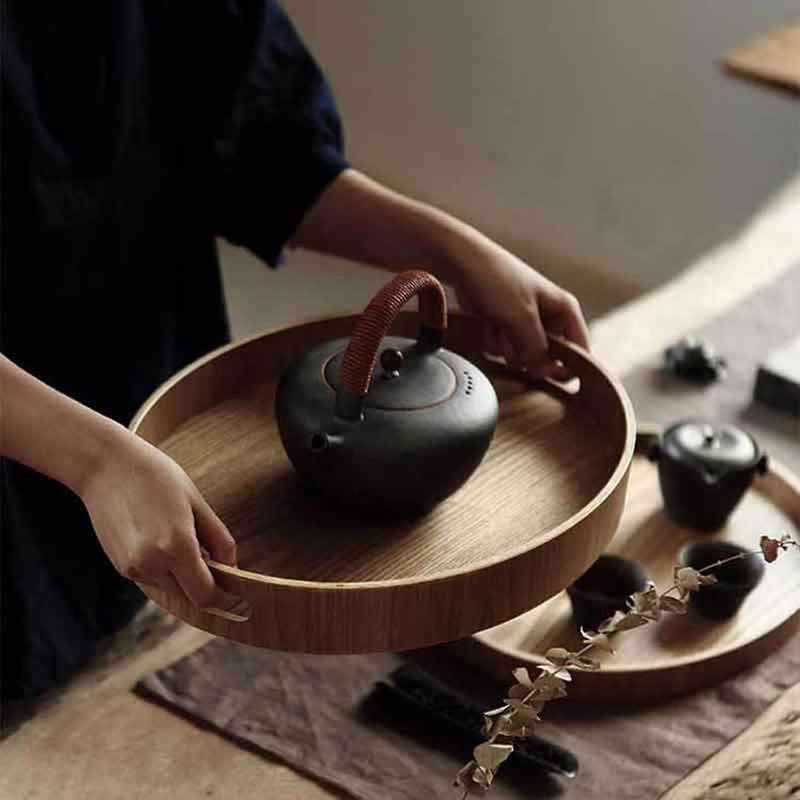 Round Serving Bamboo Wooden Tray Handle Storage Tray 2
