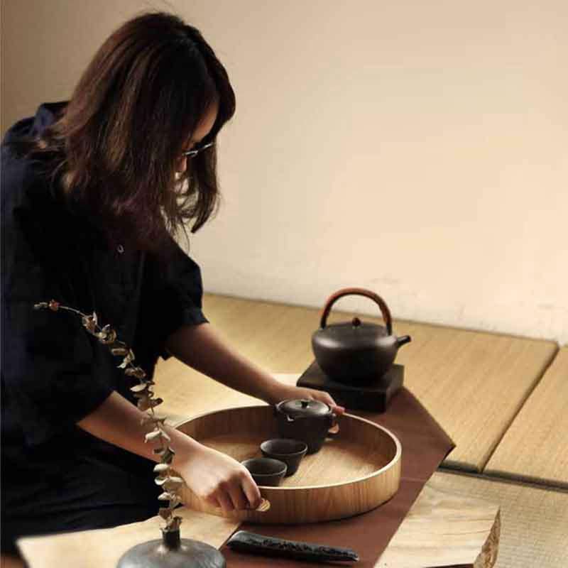 Round Serving Bamboo Wooden Tray Handle Storage Tray 2