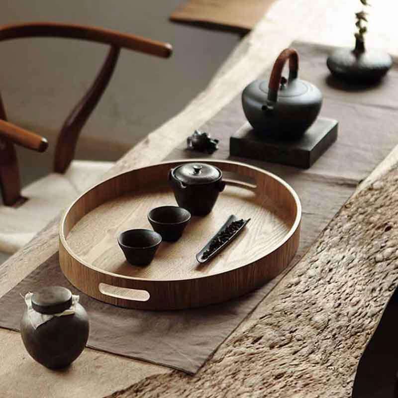 Round Serving Bamboo Wooden Tray Handle Storage Tray 2