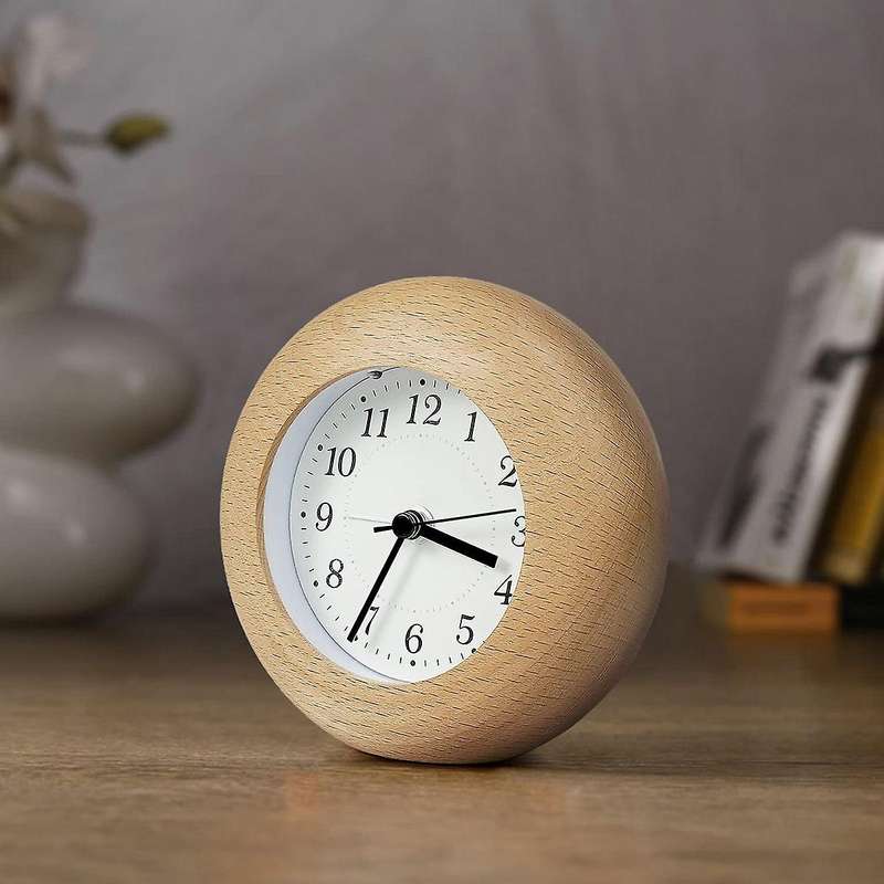 Analogue Alarm Clock without Ticking,wooden Alarm Clock ,light Brown
