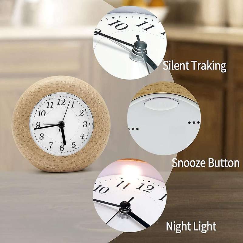 Analogue Alarm Clock without Ticking,wooden Alarm Clock ,light Brown