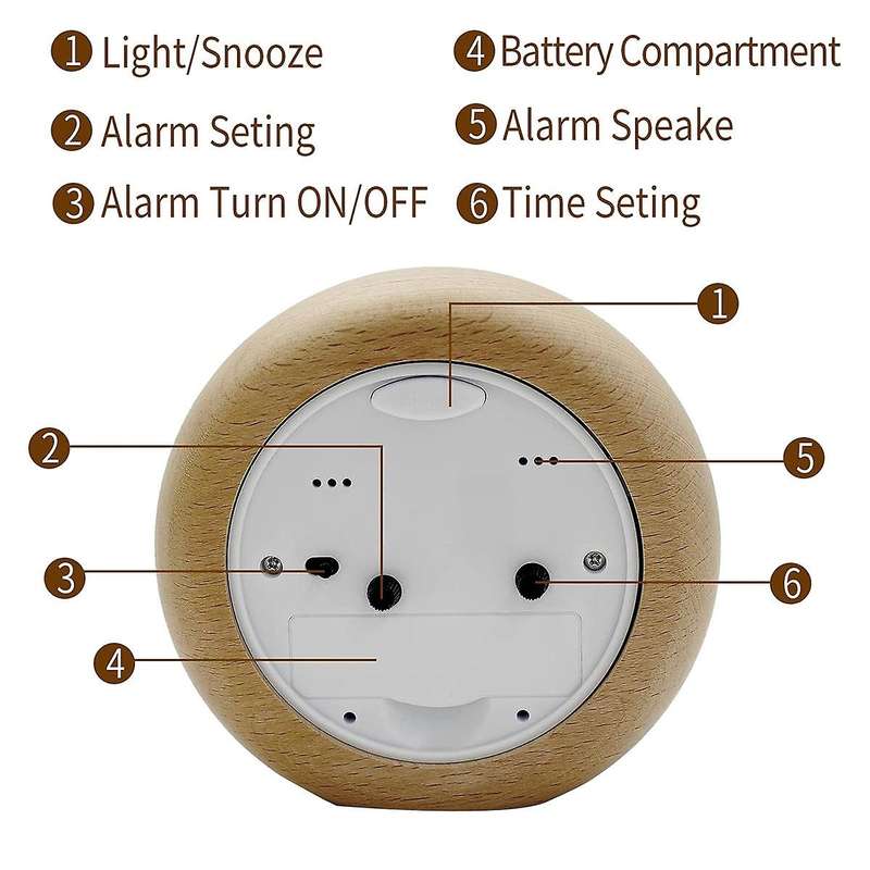 Analogue Alarm Clock without Ticking,wooden Alarm Clock ,light Brown