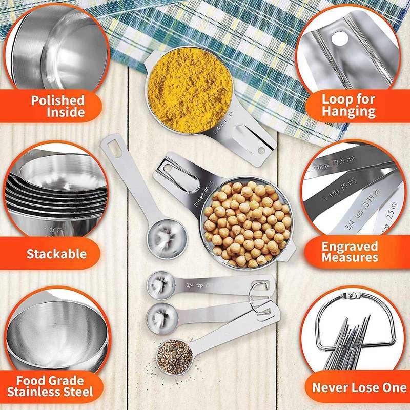 Stainless Steel Measuring Cups and Spoons Set Of 14 Pieces,portable
