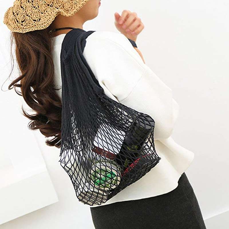 2pcs Portable Reusable Mesh Cotton Net String Bag New (black,beige)