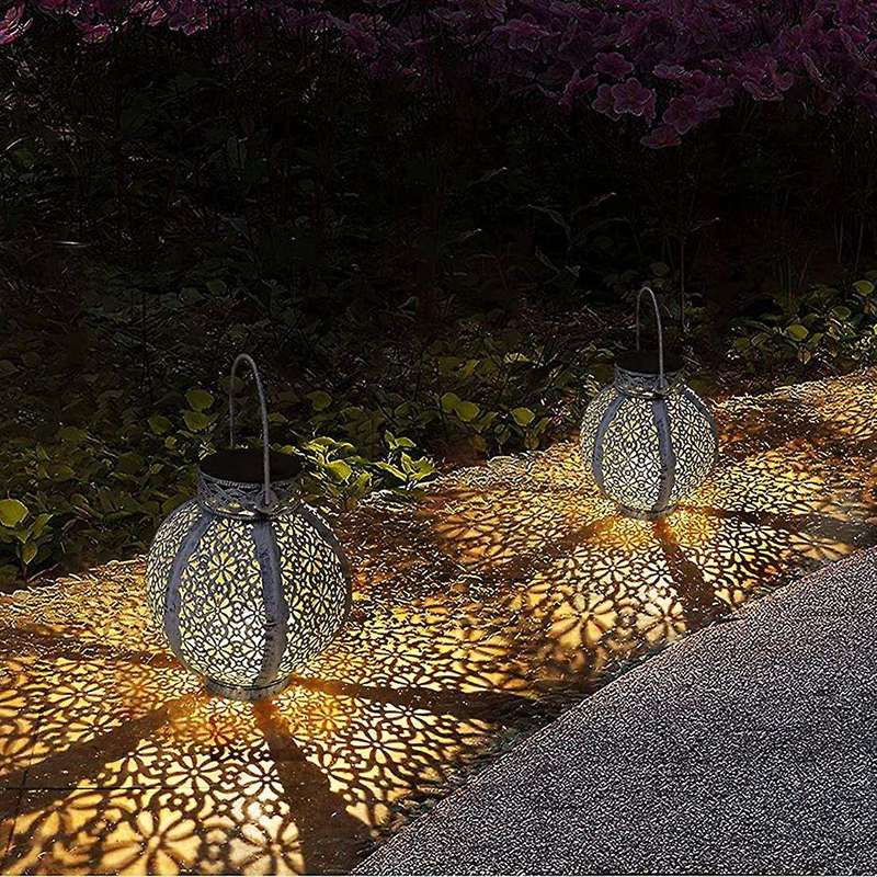 2 Pack Solar Lanterns Outdoor Hanging, with Handle, Metal Decorative