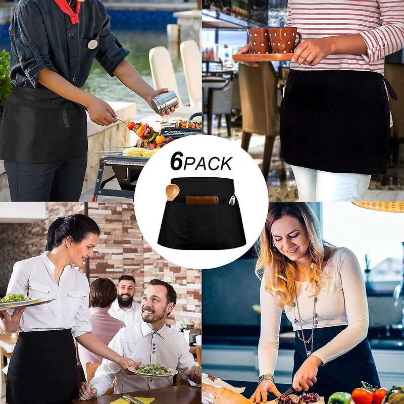 6 Pieces Front Tie Apron, Black Waist Apron with 3 Pockets, Waiter's