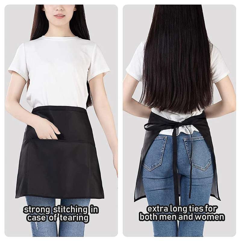 6 Pieces Front Tie Apron, Black Waist Apron with 3 Pockets, Waiter's