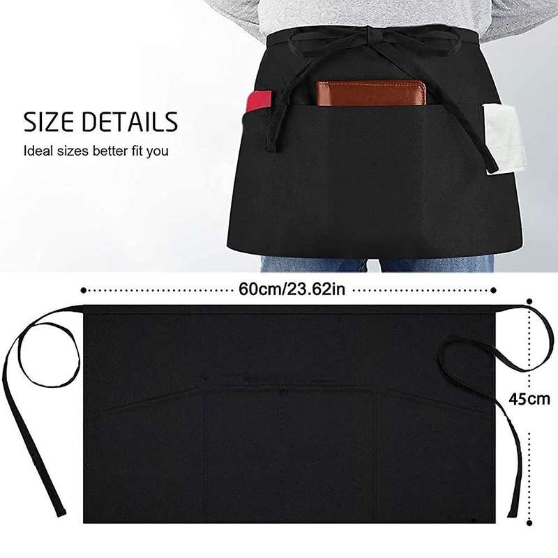6 Pieces Front Tie Apron, Black Waist Apron with 3 Pockets, Waiter's