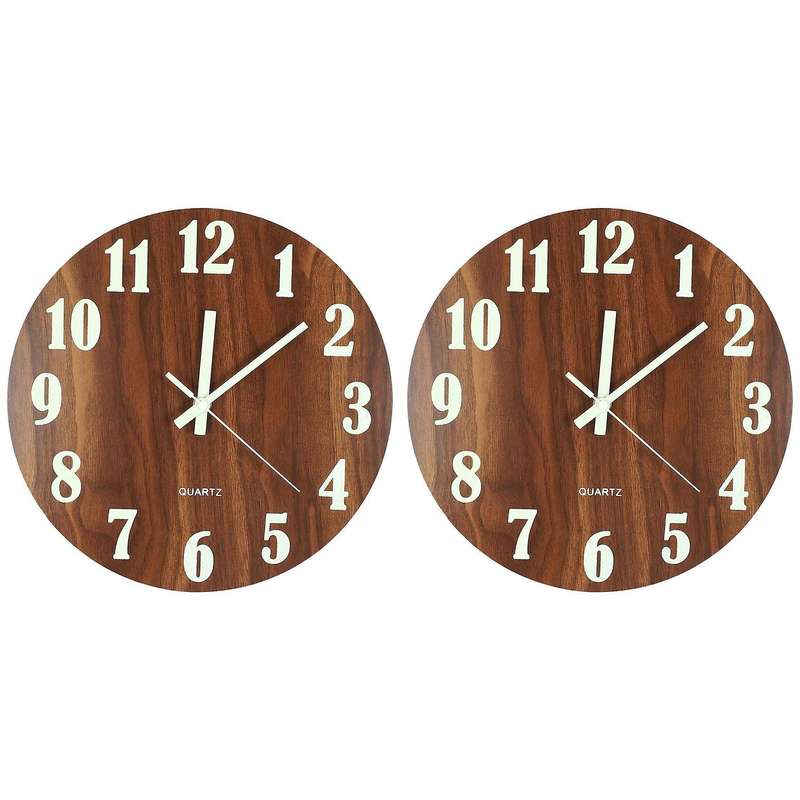 2x 12 Inch Night Light Function Wooden Wall Clock Operated Clocks