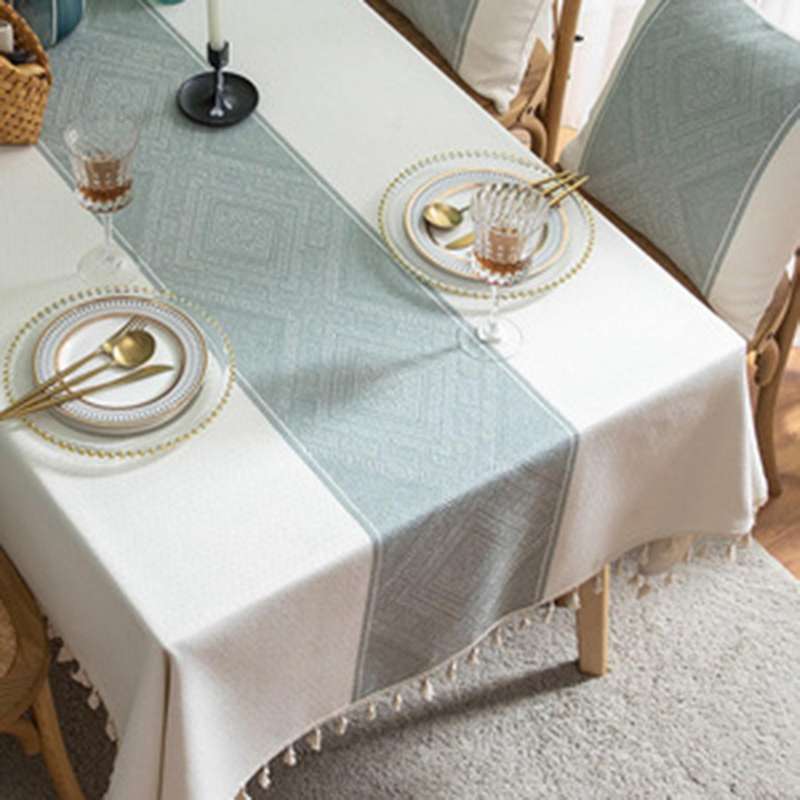 Tablecloth Jacquard Wave Tassel Tablecloth Coffee Table White+green