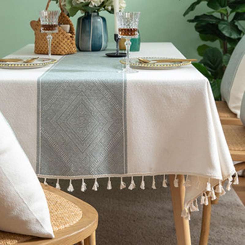 Tablecloth Jacquard Wave Tassel Tablecloth Coffee Table White+green
