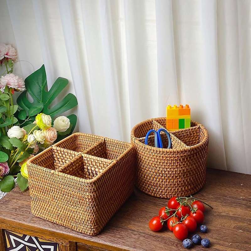 Hand-woven Rattan Wicker Basket 4 Compartment Storage Boxes S