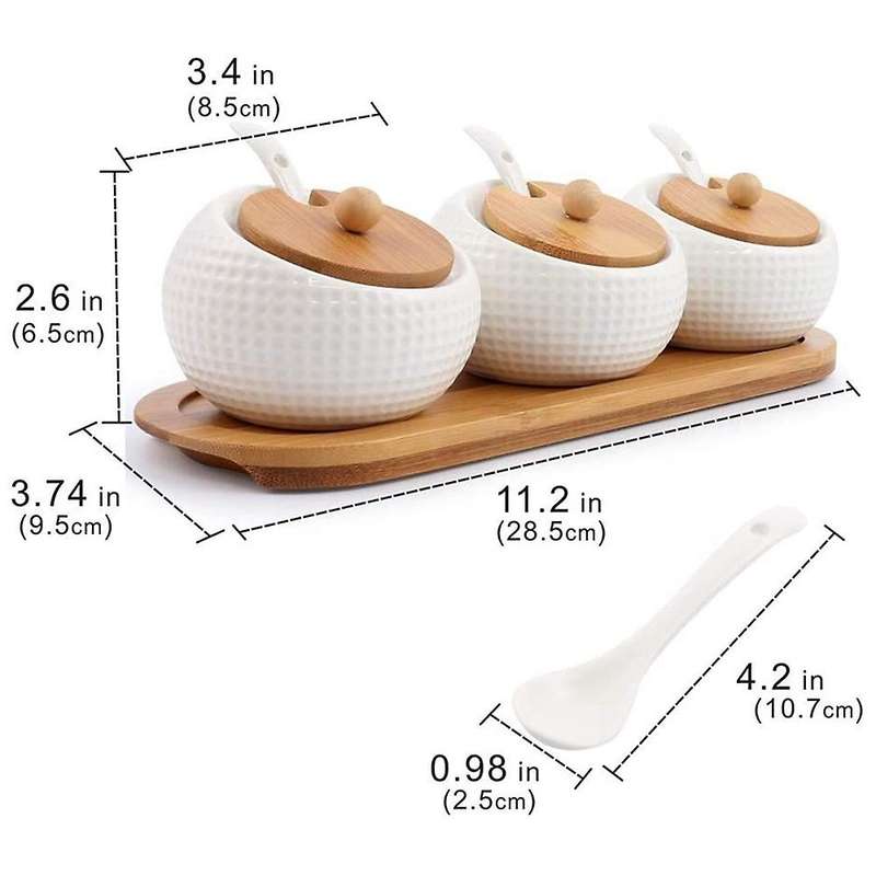 Porcelain Condiment Jar Spice Container with Lids - Bamboo Cap Holder