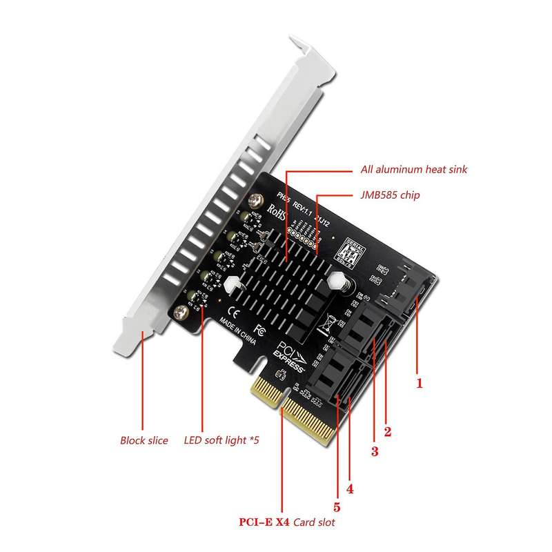 Pci-e to Sata Adapter Card 5 Ports for Pci-e X4 Plug and Play