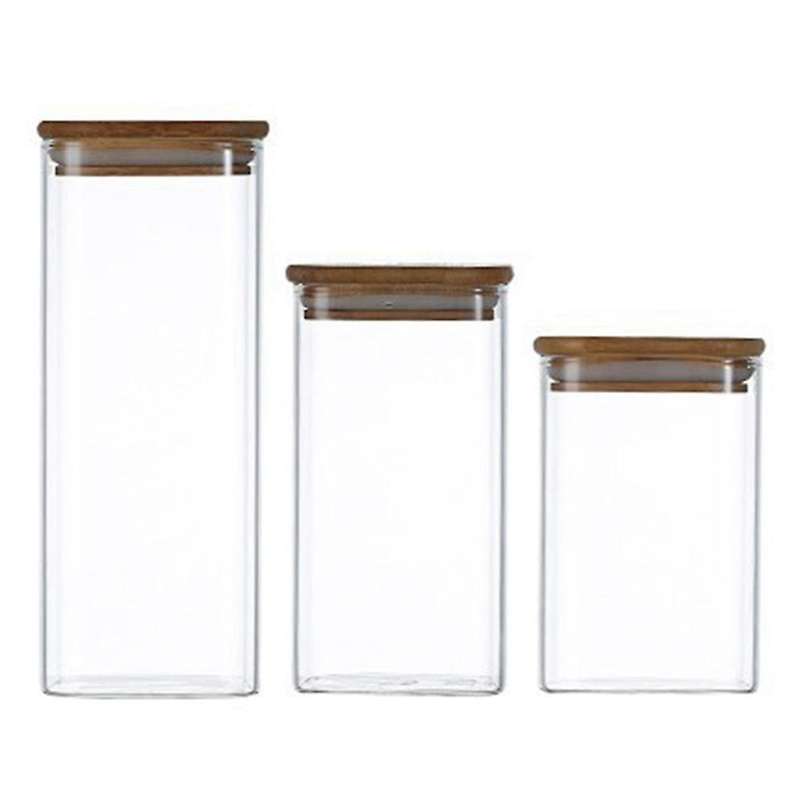 3pcs Square Glass Sealed Jar Food Dry Fruit Storage Box Tea B