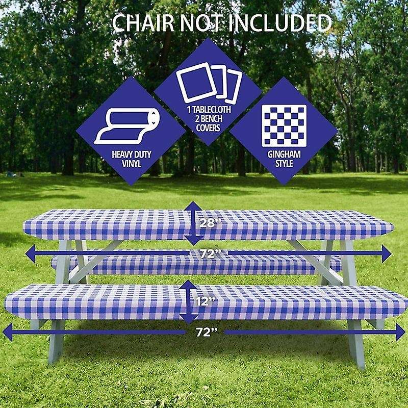 Vinyl Picnic Table &bench Fitted Tablecloth Cover, 3-piece Set, Blue