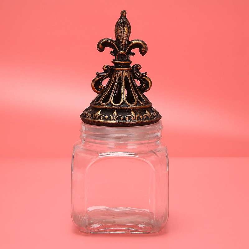 1pcs Retro Glass Storage Jar Carving Cover Tea Caddy Home Ornaments C