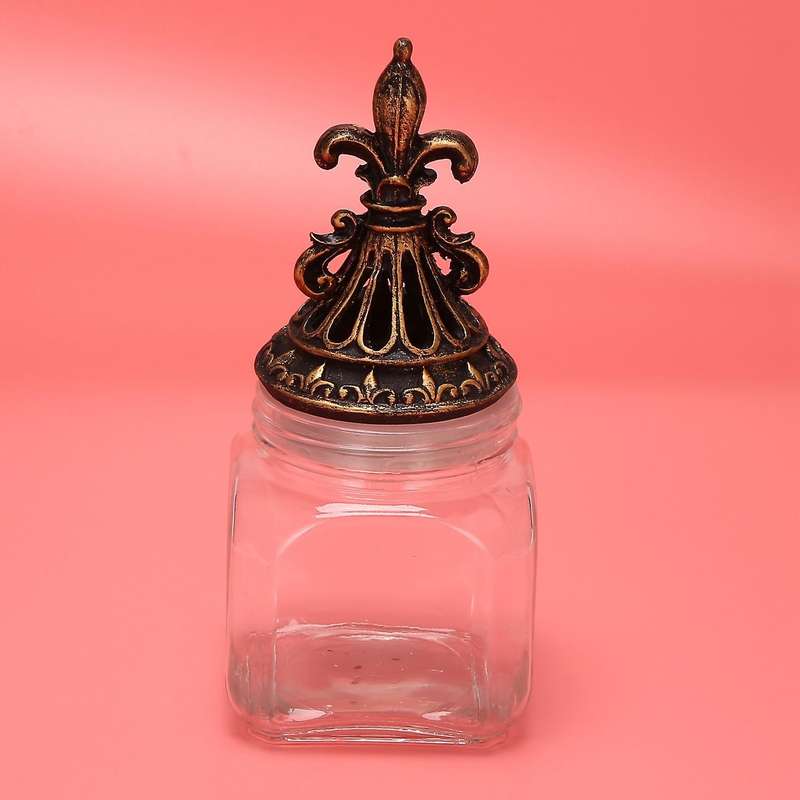 1pcs Retro Glass Storage Jar Carving Cover Tea Caddy Home Ornaments C