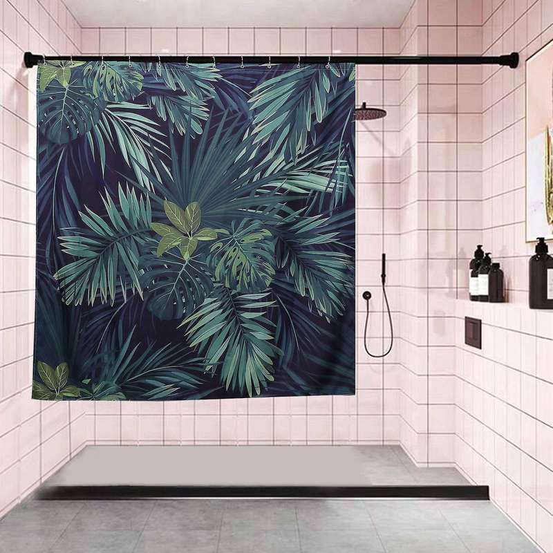 2x Green Shower Curtain Leaves Printing Plant Pattern Polyester