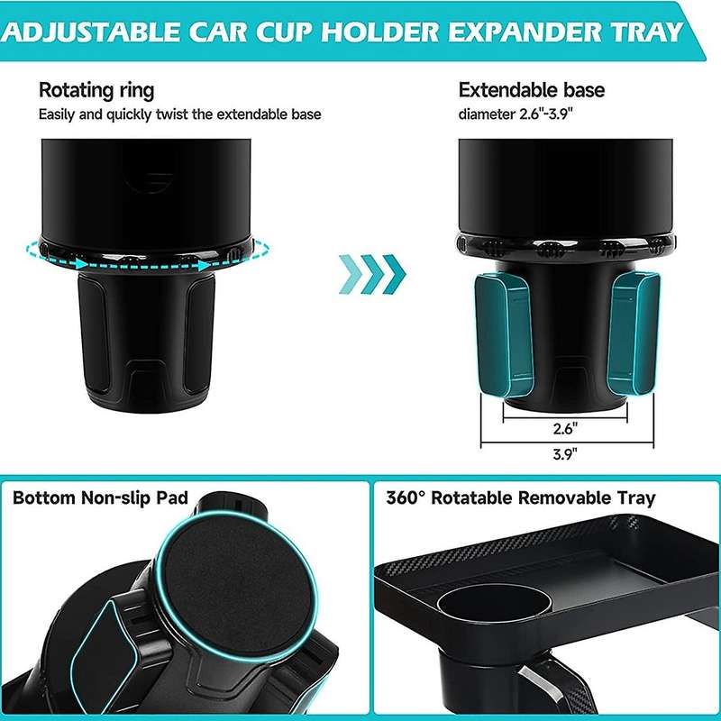 Car Cup Holder Expander Tray, with 360rotation Detachable Tray Table