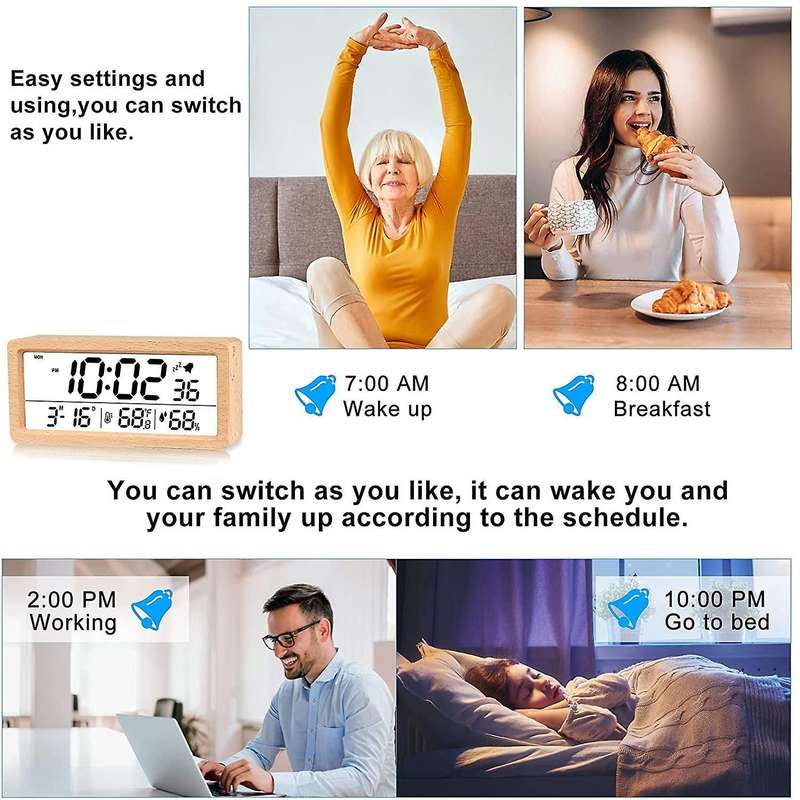 Digital Alarm Clock, Electronic Lcd Time Display Wooden Desk Clock, B