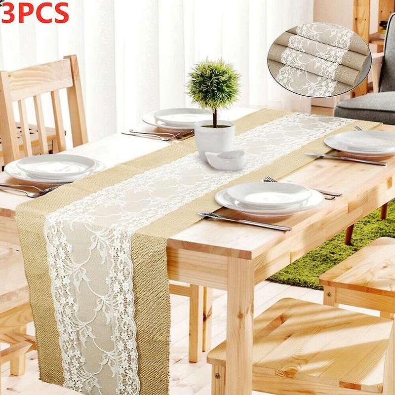 3pcs Table Runner Burlap Jute Lace Wedding Table Decorations 275x30cm