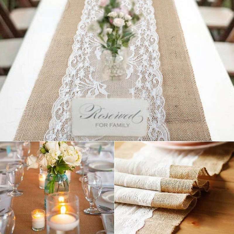 3pcs Table Runner Burlap Jute Lace Wedding Table Decorations 275x30cm