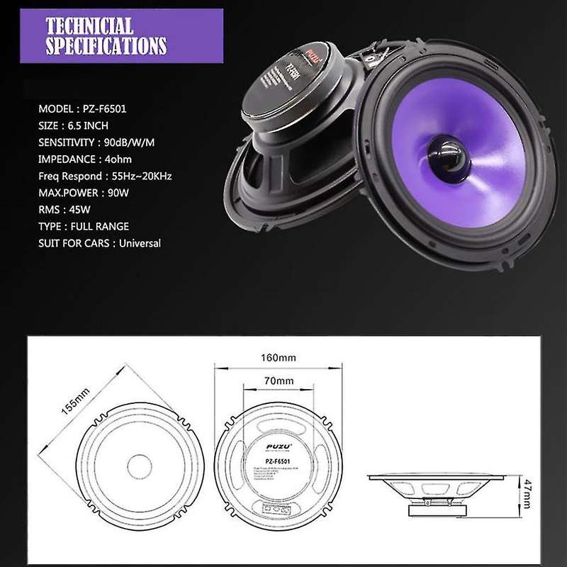 Puzu 2pcs 6.5inch 90w Full Range Frequency Car Audio Speaker Heavy